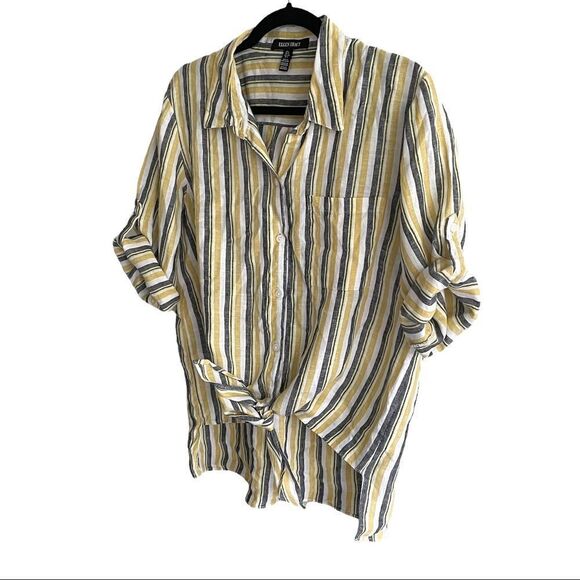 ELLEN TRACY Linen Striped Short Roll Sleeve Tie Front Shirt Blouse Blue Yellow L - Picture 3 of 6